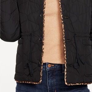 Women's Black Quilted Jacket with Leopard Trim